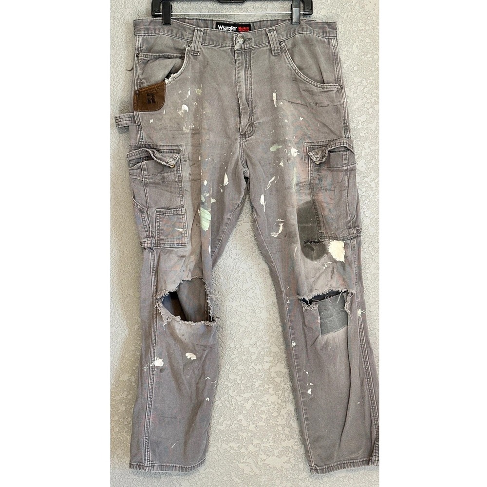 Wrangler RIGGS Workwear Mens Gray Cargo Pants Destroyed Paint Thrashed 36x29